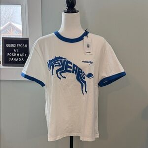 Wrangler White Tee with Blue Horse Graphic